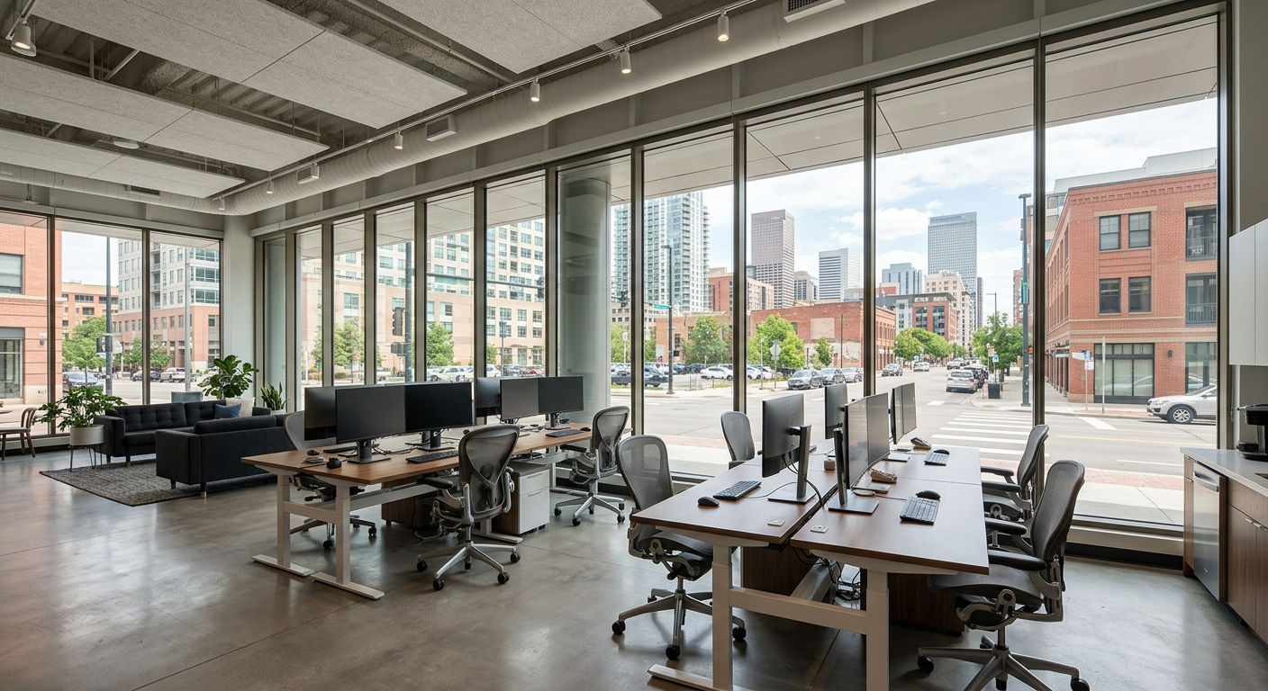 Modern office interior with a wall of glass windows and even daylight