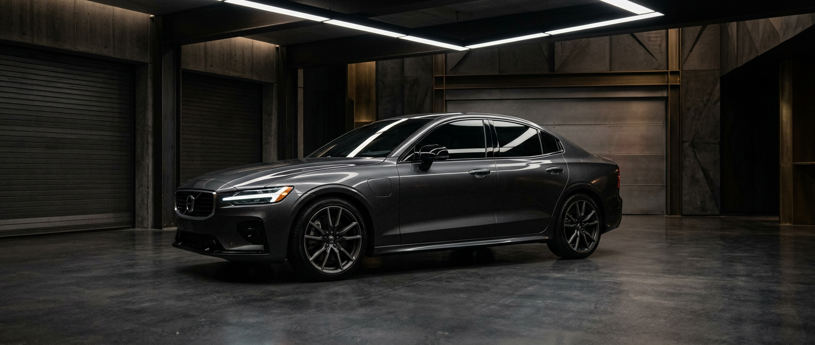Dark graphite luxury sedan with professionally tinted windows in a studio garage