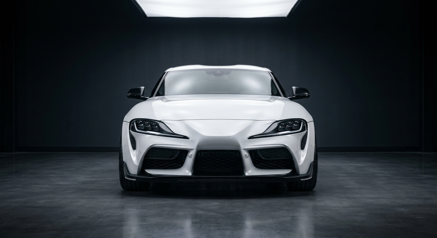 Front view of a glossy white sports coupe in a dark studio